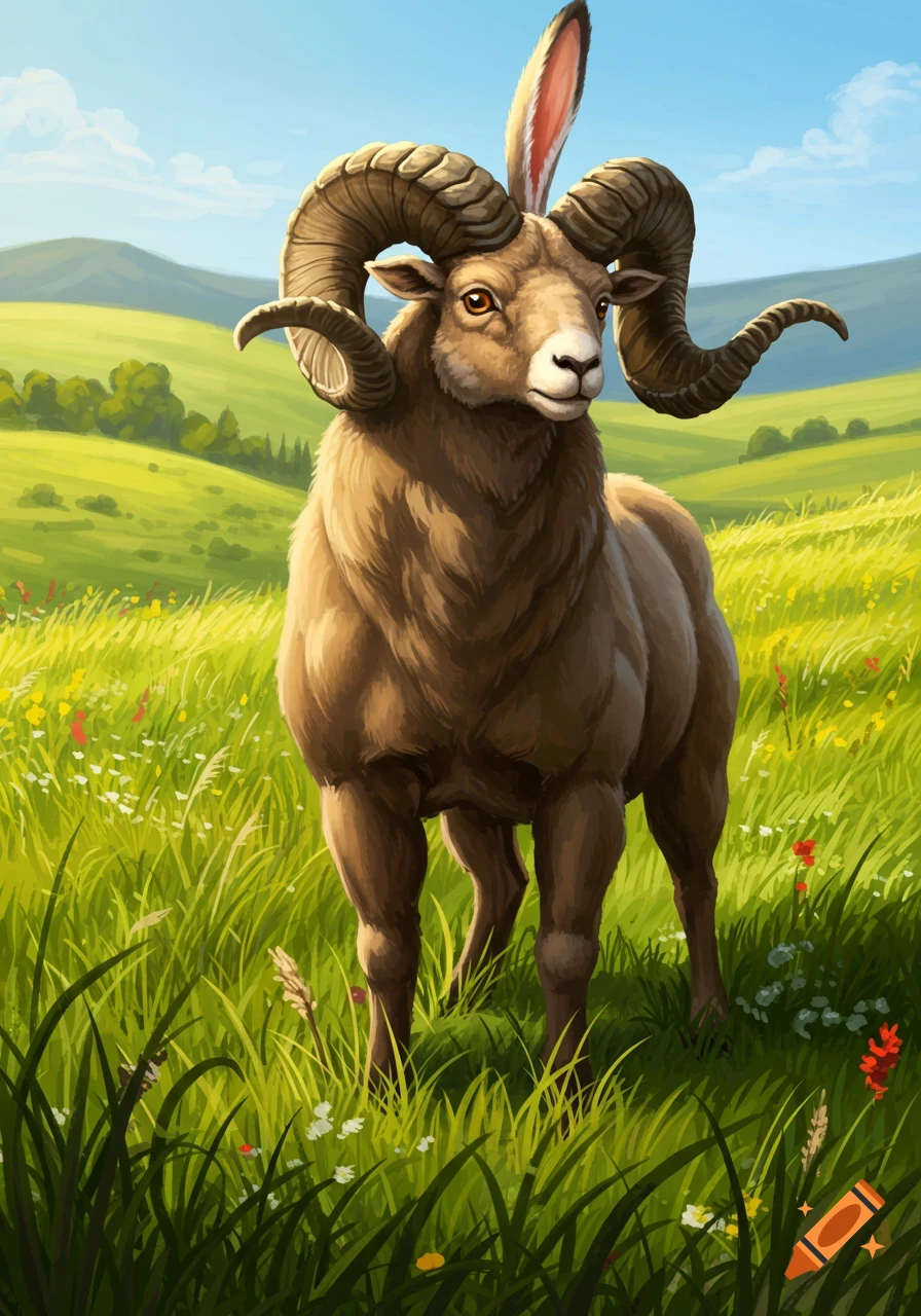 A ram with large horns and long bunny ears stands in a sunny green field with wildflowers, rendered in a detailed illustration style.