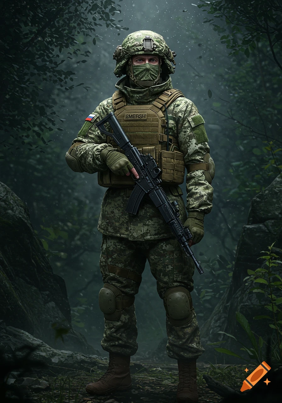 Photorealistic image of a Russian soldier in camouflage, wearing a helmet and body armor, holding a rifle in a forest.