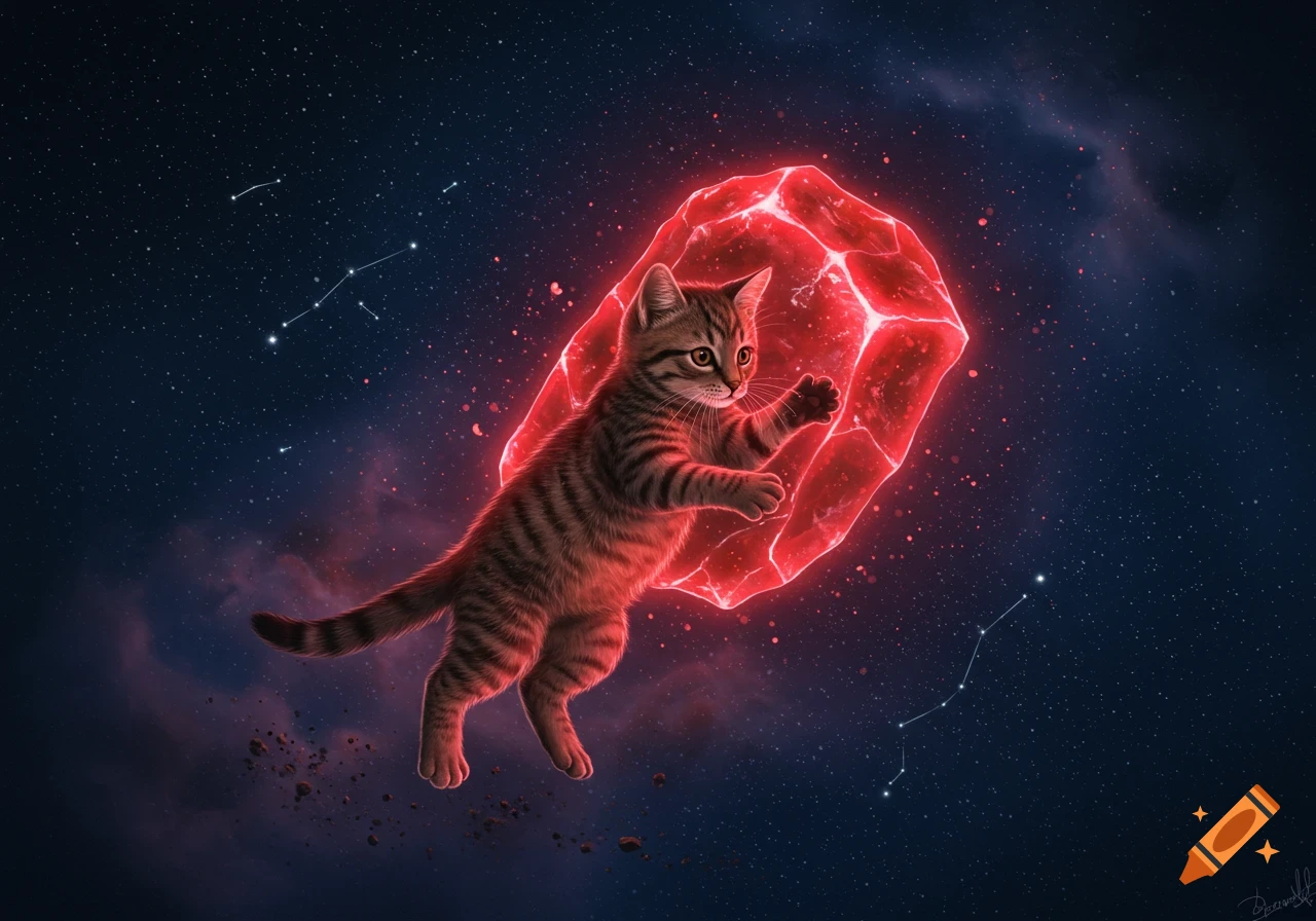 A tabby kitten pouncing on a glowing red crystal in outer space with stars and constellations.