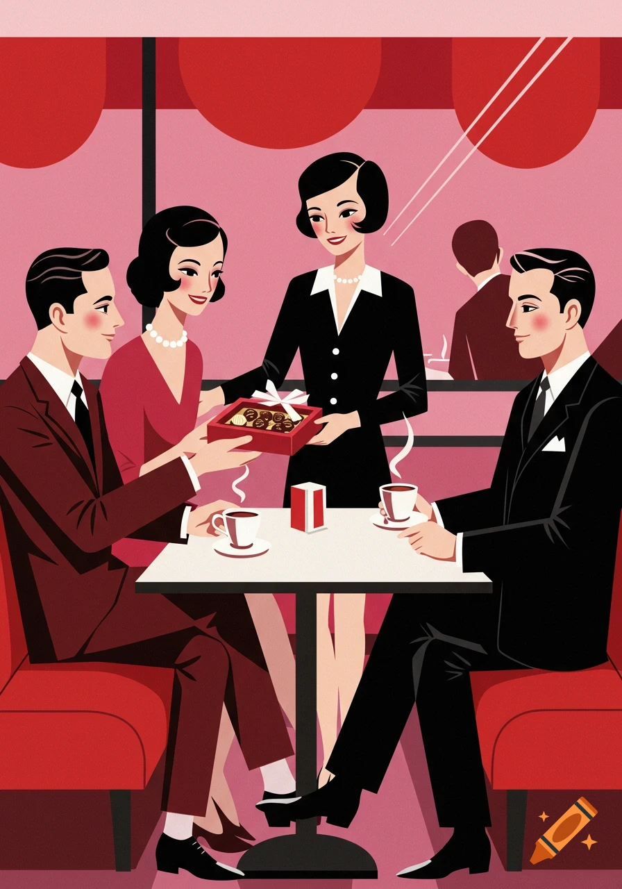 Two-dimensional illustration in pink, black, and red of a server giving chocolates to a man at a cafe table.