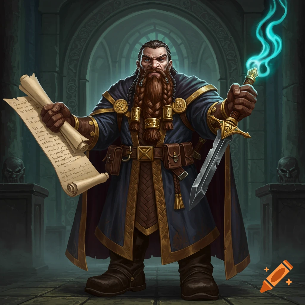A poised dwarf in a dark cloak holds a scroll and a glowing sword in a stone hall, digital art.