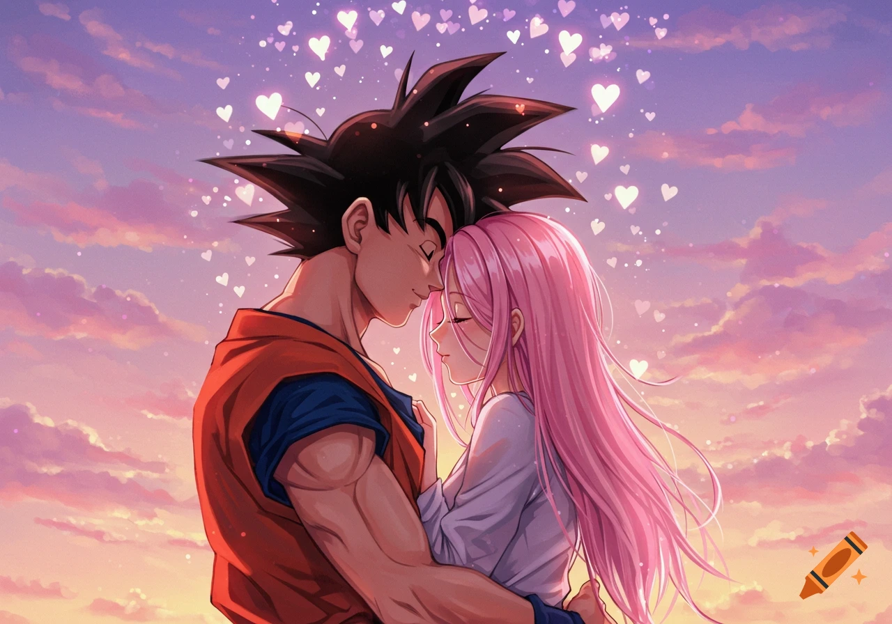 Anime characters Goku and a pink-haired woman cuddling romantically at sunset with hearts floating around them.