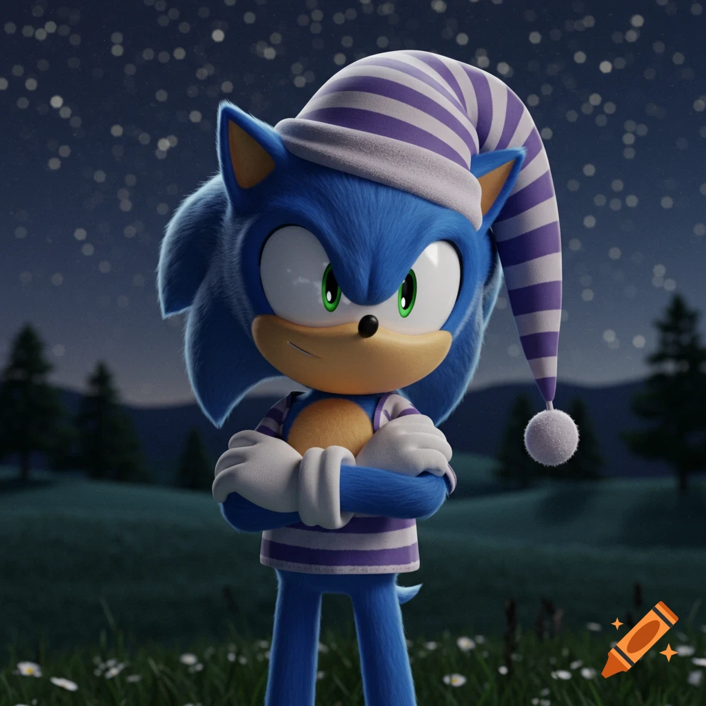 Sonic the Hedgehog wearing a purple and white striped nightcap and pajamas, standing with arms crossed at night under a starry sky.