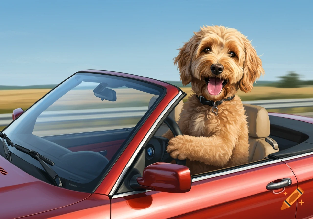 A happy Golden Doodle dog drives a red convertible BMW on a road, digitally painted.