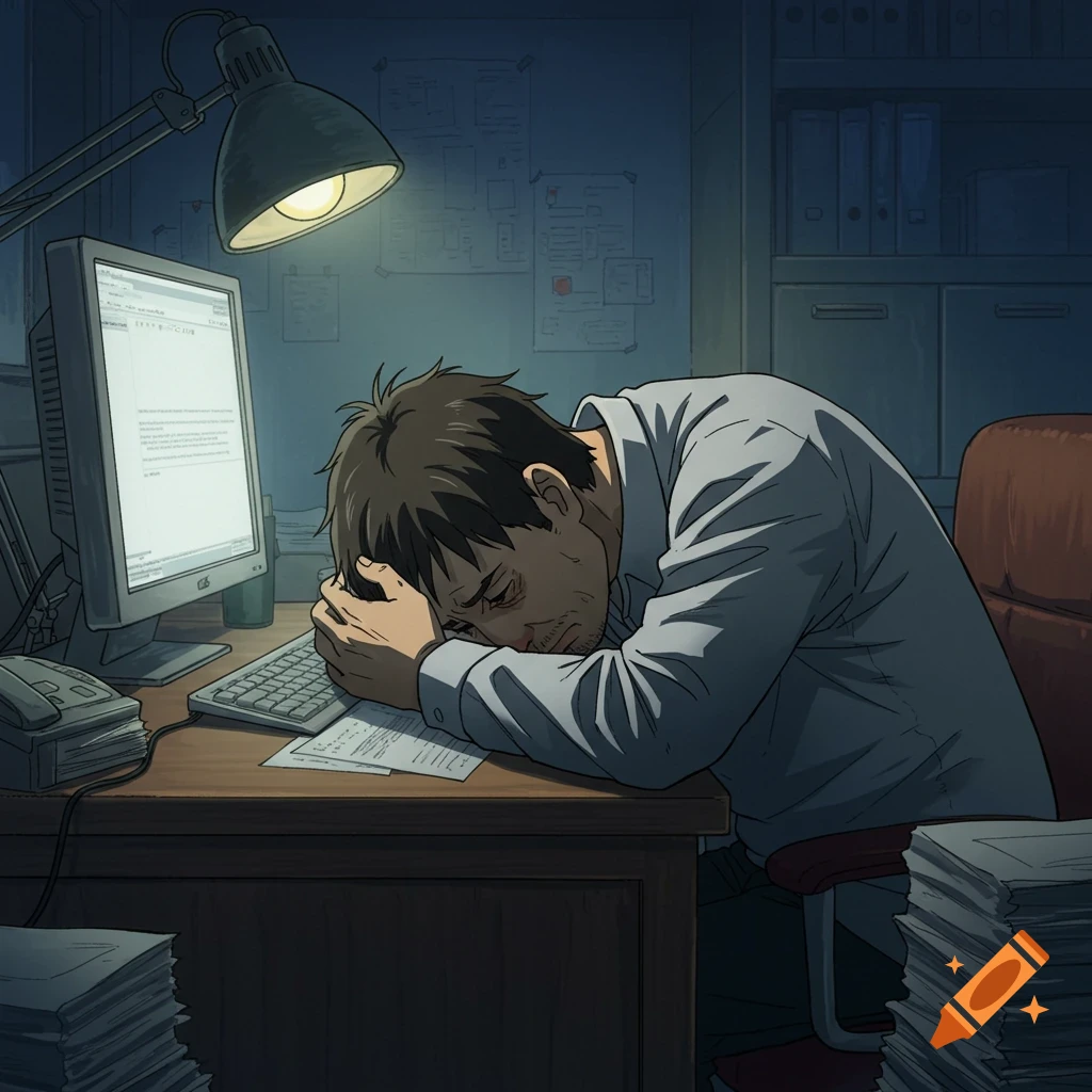 An anime-style illustration of a tired, overworked man sleeping on his desk in a dimly lit office.