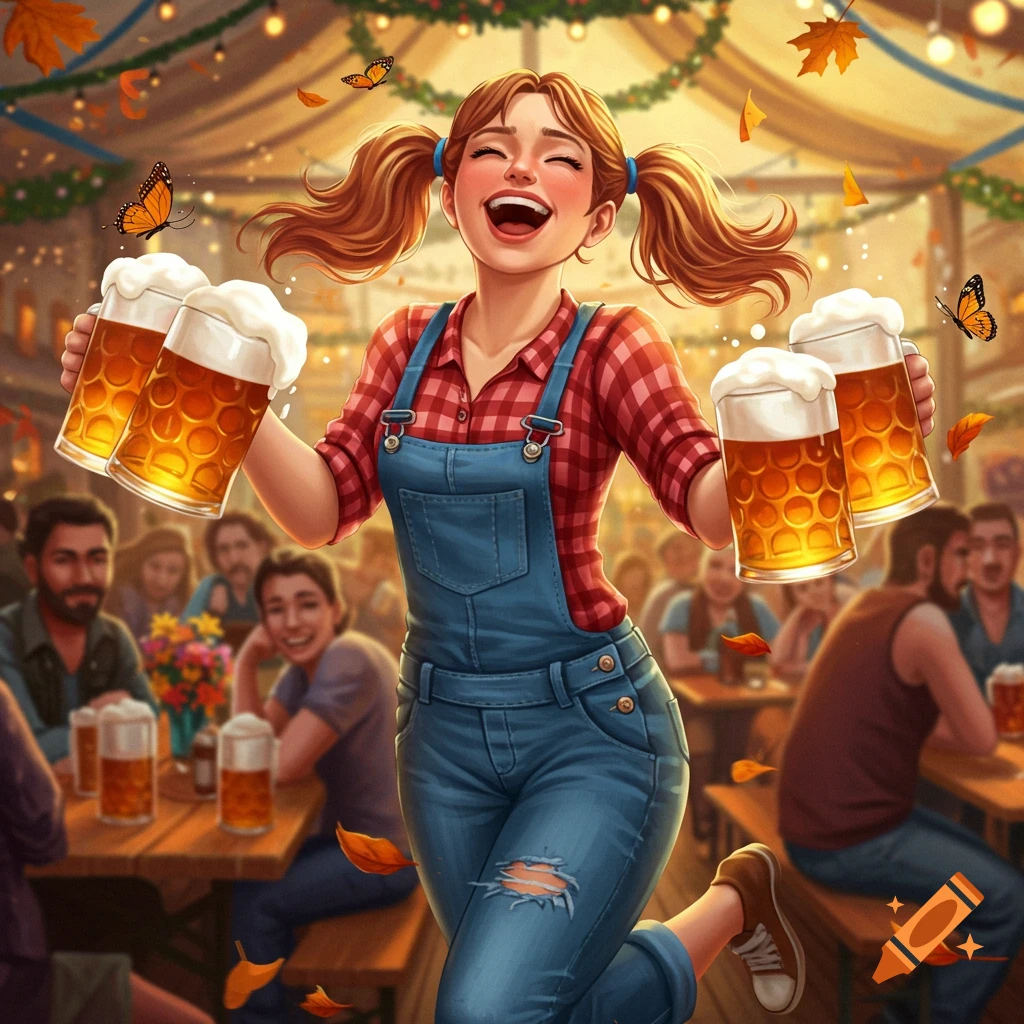 A cheerful young woman with pigtails in overalls holds four overflowing beer mugs at a vibrant, autumn-themed outdoor festival.