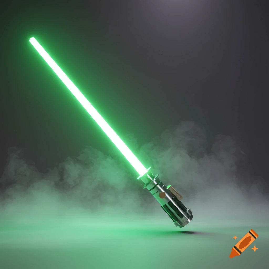 A green lightsaber with a detailed hilt stands upright amidst a smoky green haze against a dark background.