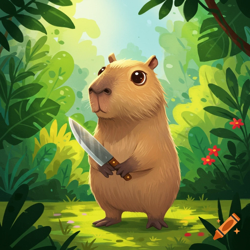 Cartoon capybara holding a knife in a lush green jungle.