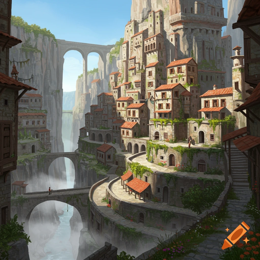 A fantasy village of stone buildings clinging to a steep cliffside, with arching bridges spanning a deep chasm below, under a clear blue sky.
