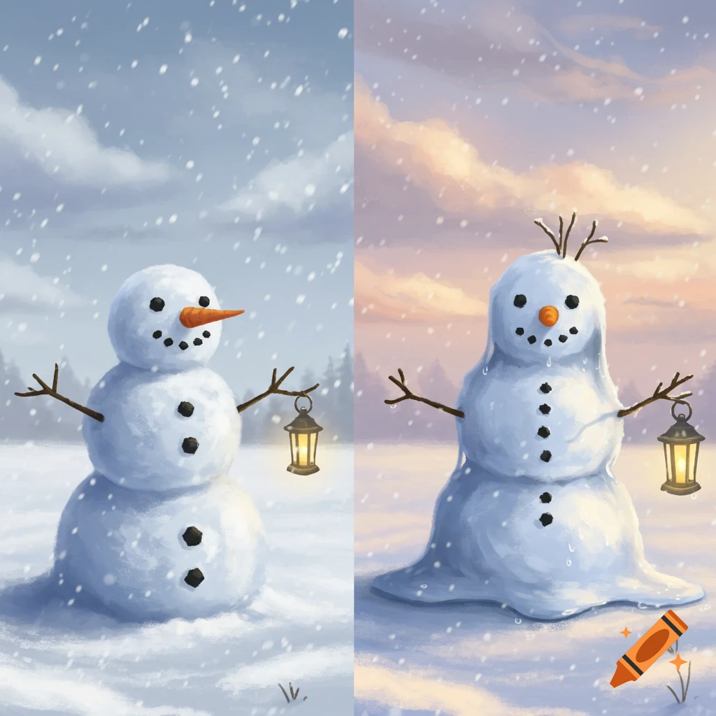 A painted split image shows a perfect snowman in falling snow on the left and a melting snowman on the right.