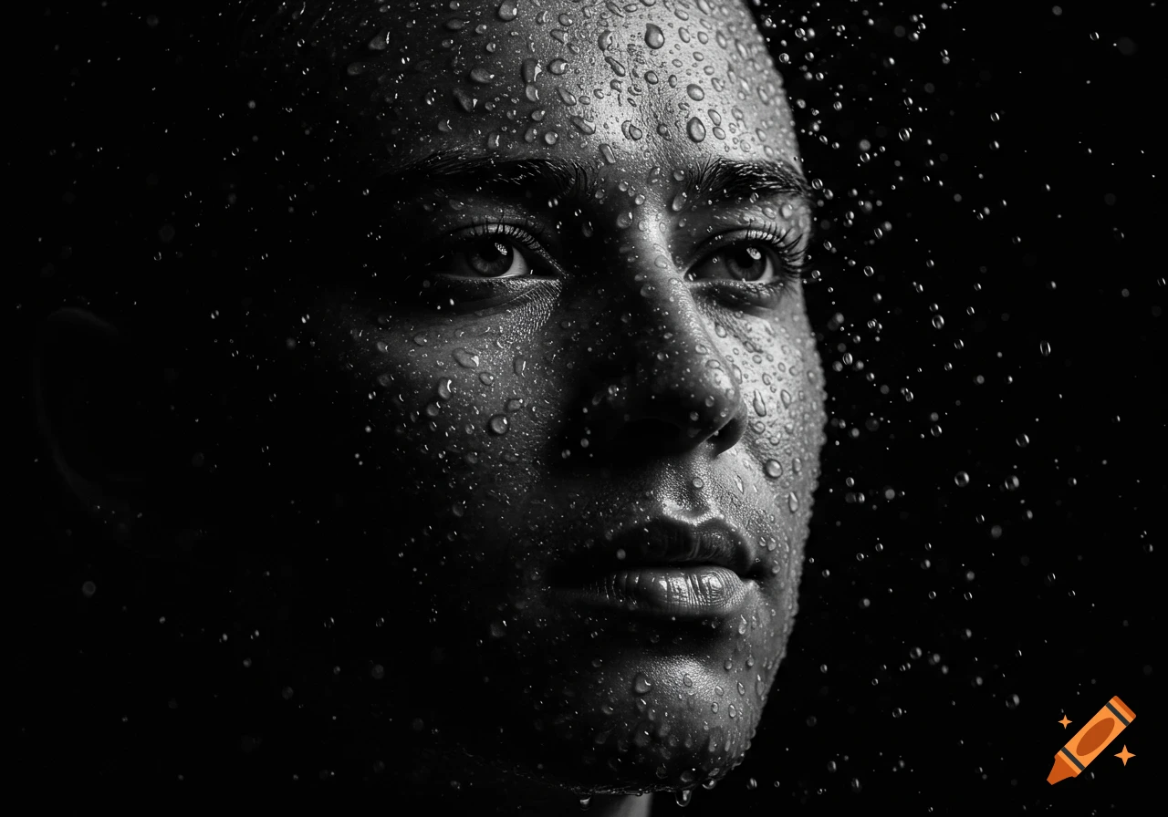 High-contrast black and white close-up portrait of a person's face covered in water droplets against a dark background.