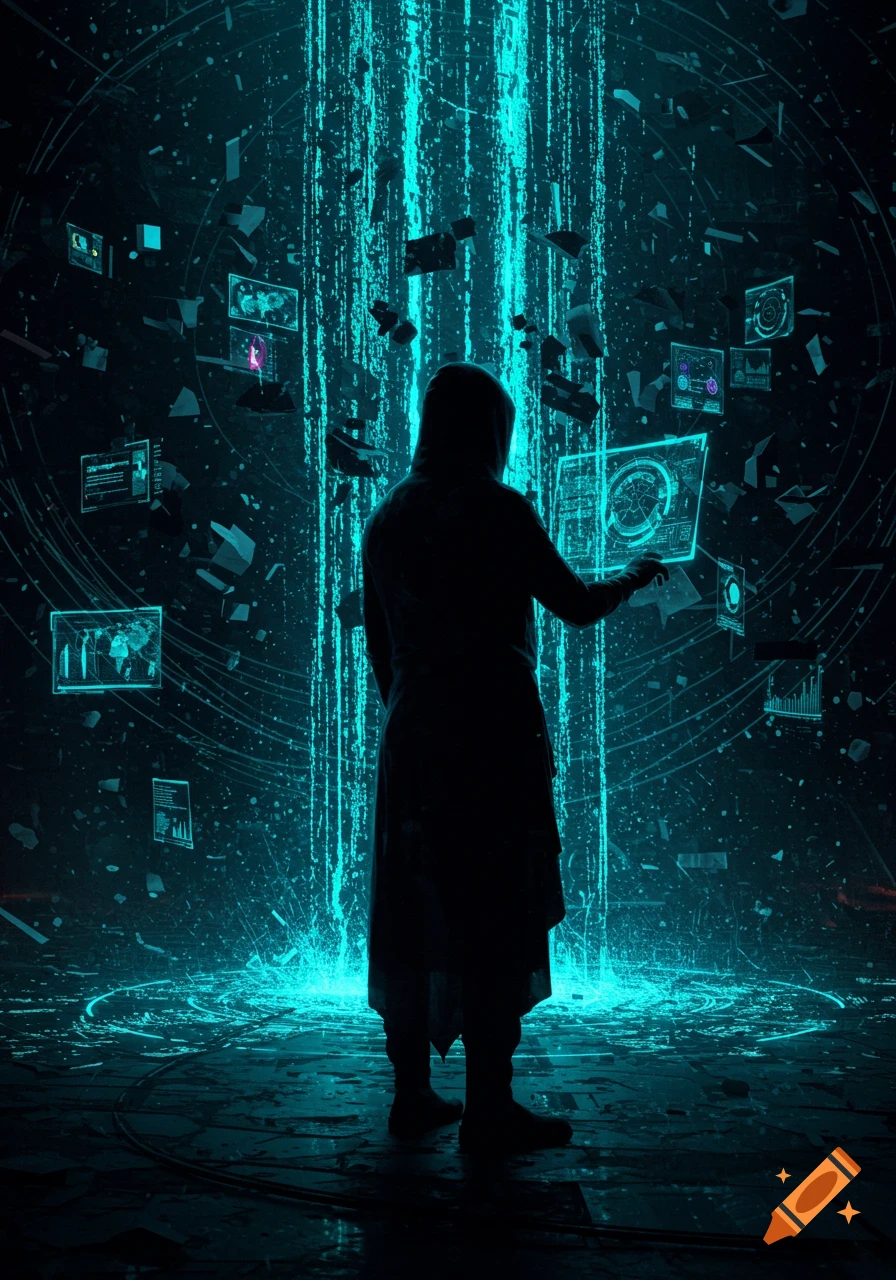 A hooded figure stands in a dark, neon blue digital space, interacting with glowing holographic screens and data streams.