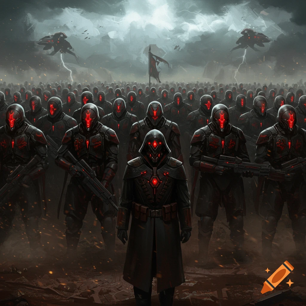 A vast army of black armored soldiers with glowing red eyes and chest plates stands on a desolate battlefield under a stormy, lightning-filled sky. Flying vehicles hover in the distance.