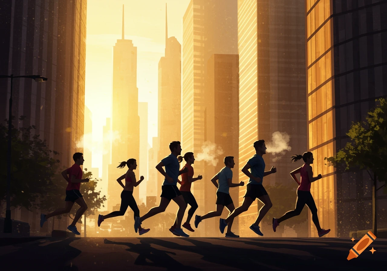 Stylized illustration of silhouetted runners on an urban street at sunrise between tall buildings.