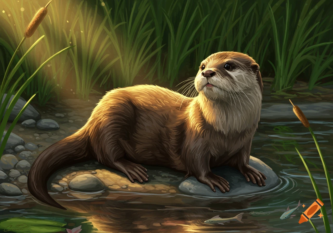 An otter rests on a rock in a sunlit river, surrounded by tall green reeds and lily pads, in a painted style.