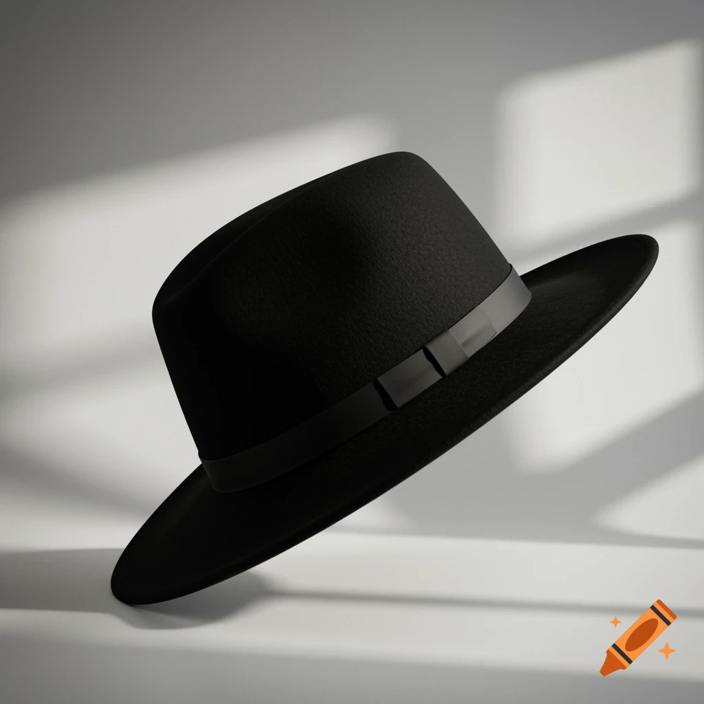 A photorealistic image of a black fedora hat with a ribbon band, casting shadows on a light background.