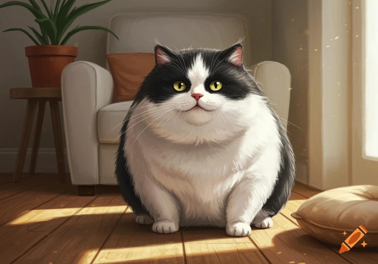 A fluffy black and white cat with yellow eyes sits on a sunlit wooden floor in a cozy room with a chair and plant.