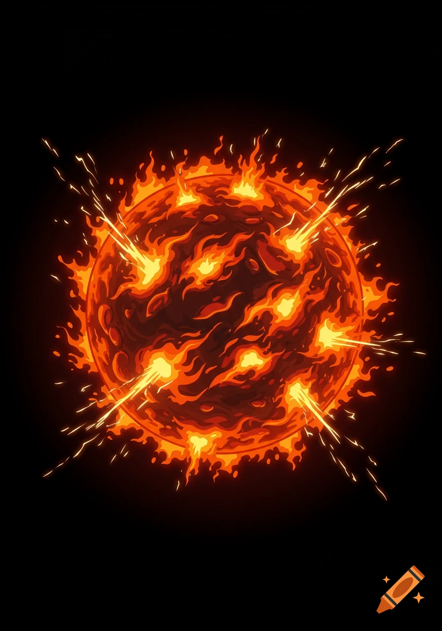 A cartoon-style fiery red and orange planet with bright yellow flares erupting from its surface against a black background.
