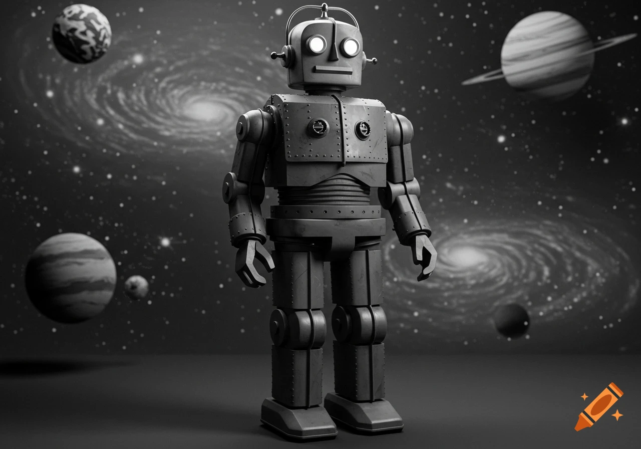 A vintage 1940s-style robot in black and white standing in outer space among planets and galaxies.