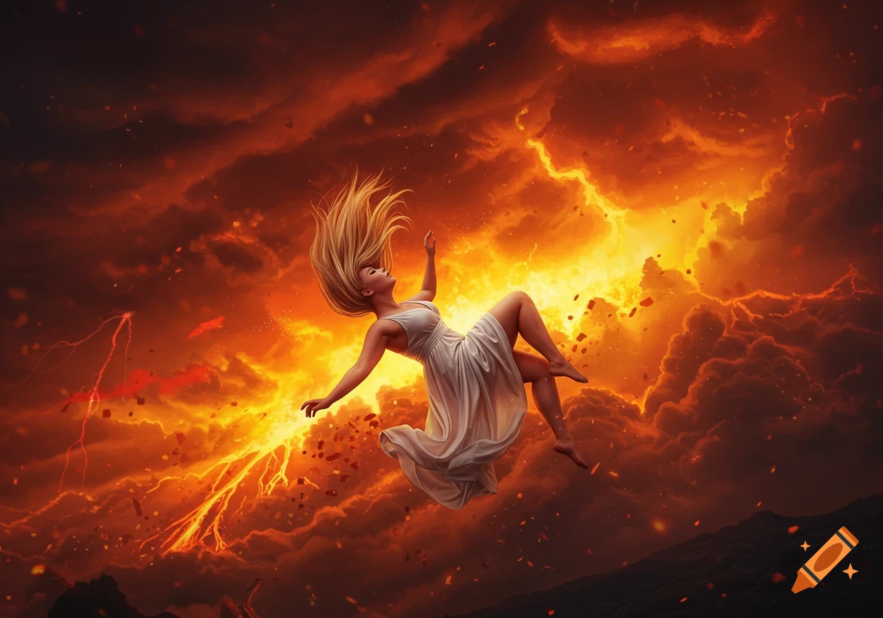 A woman with long blonde hair and a white dress falls through a sky filled with fiery orange lava, lightning, and ash.