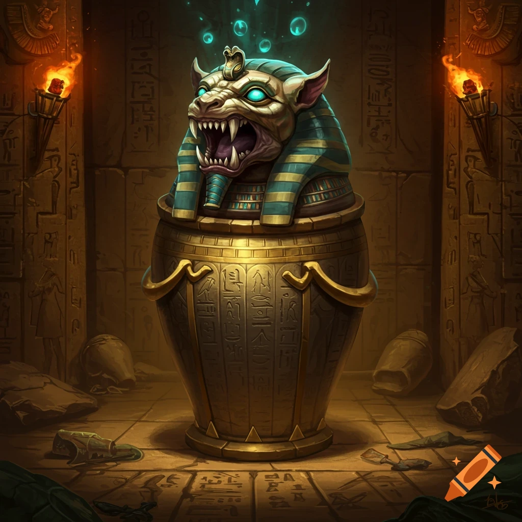 A golden canopic jar with a roaring monster's head and glowing eyes, in an ancient Egyptian tomb with torches and hieroglyphs.