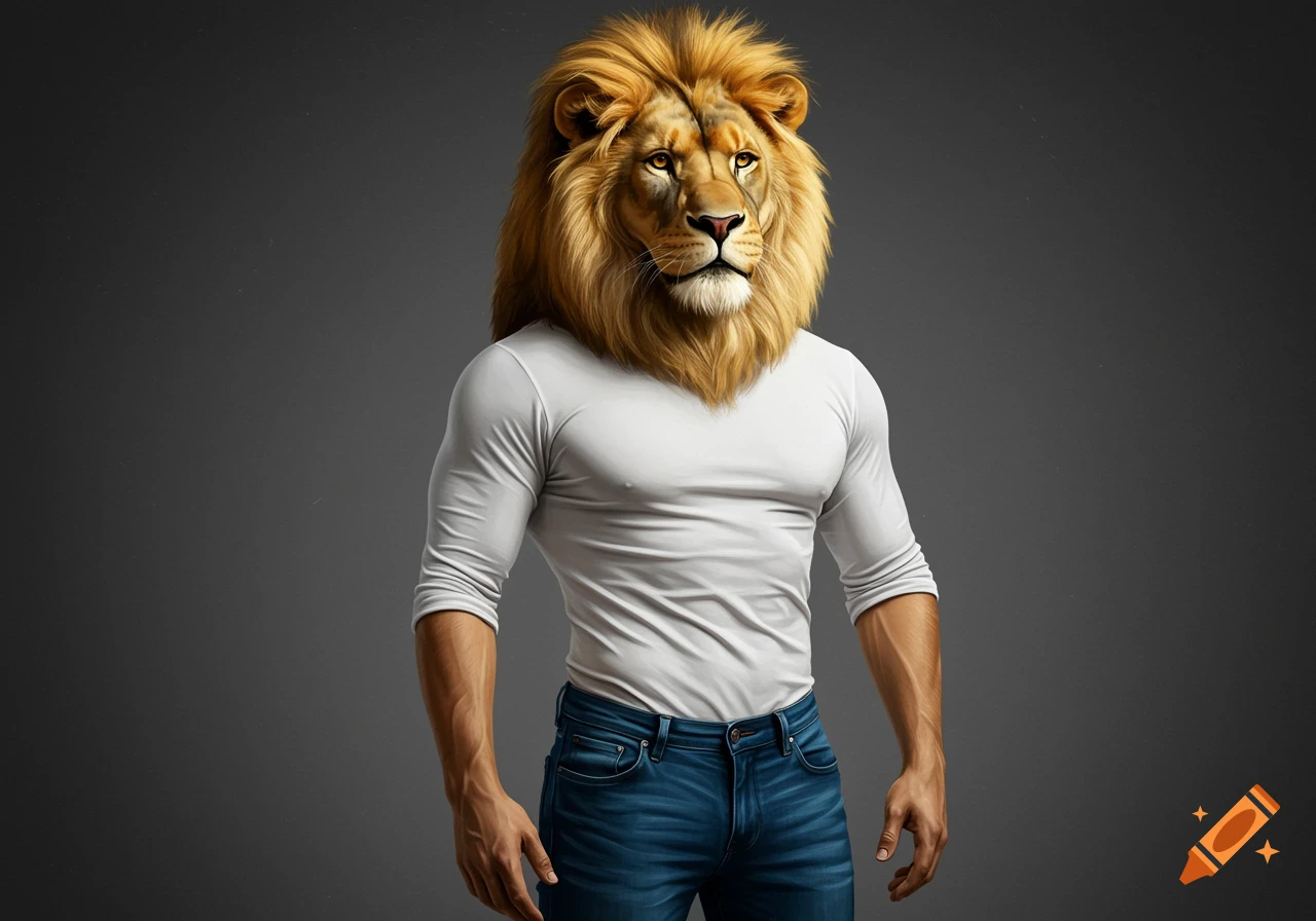 Realistic human-lion hybrid standing tall with a confident expression, wearing a white shirt and blue jeans against a gray background.