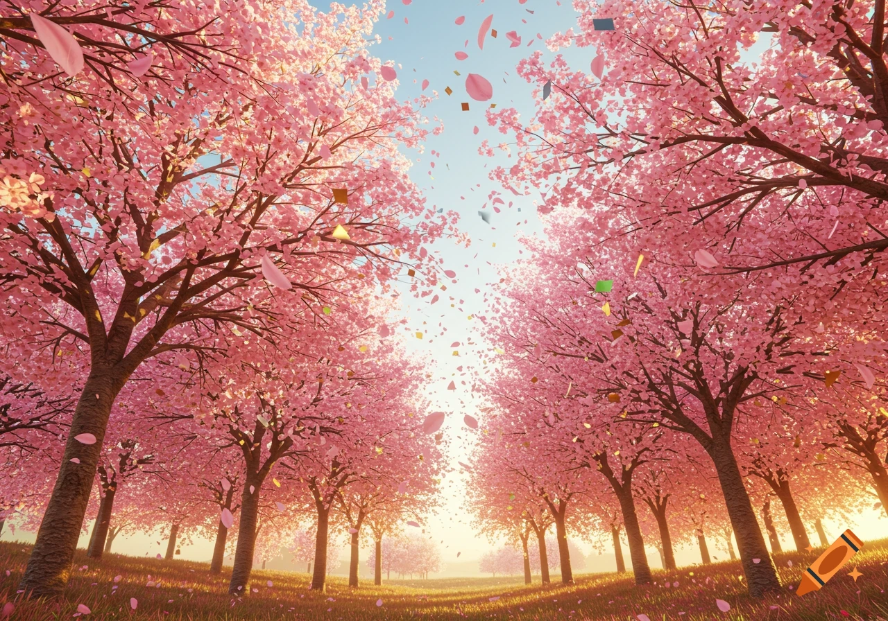 A vibrant alley of pink cherry blossom trees with petals and colorful confetti falling onto a grassy path at sunrise.