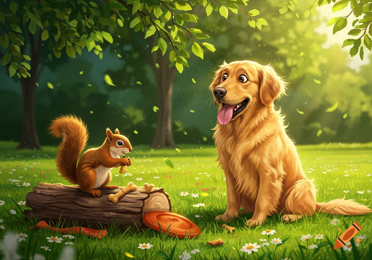 A happy golden retriever watches a squirrel on a log with dog treats in a sunny green park.
