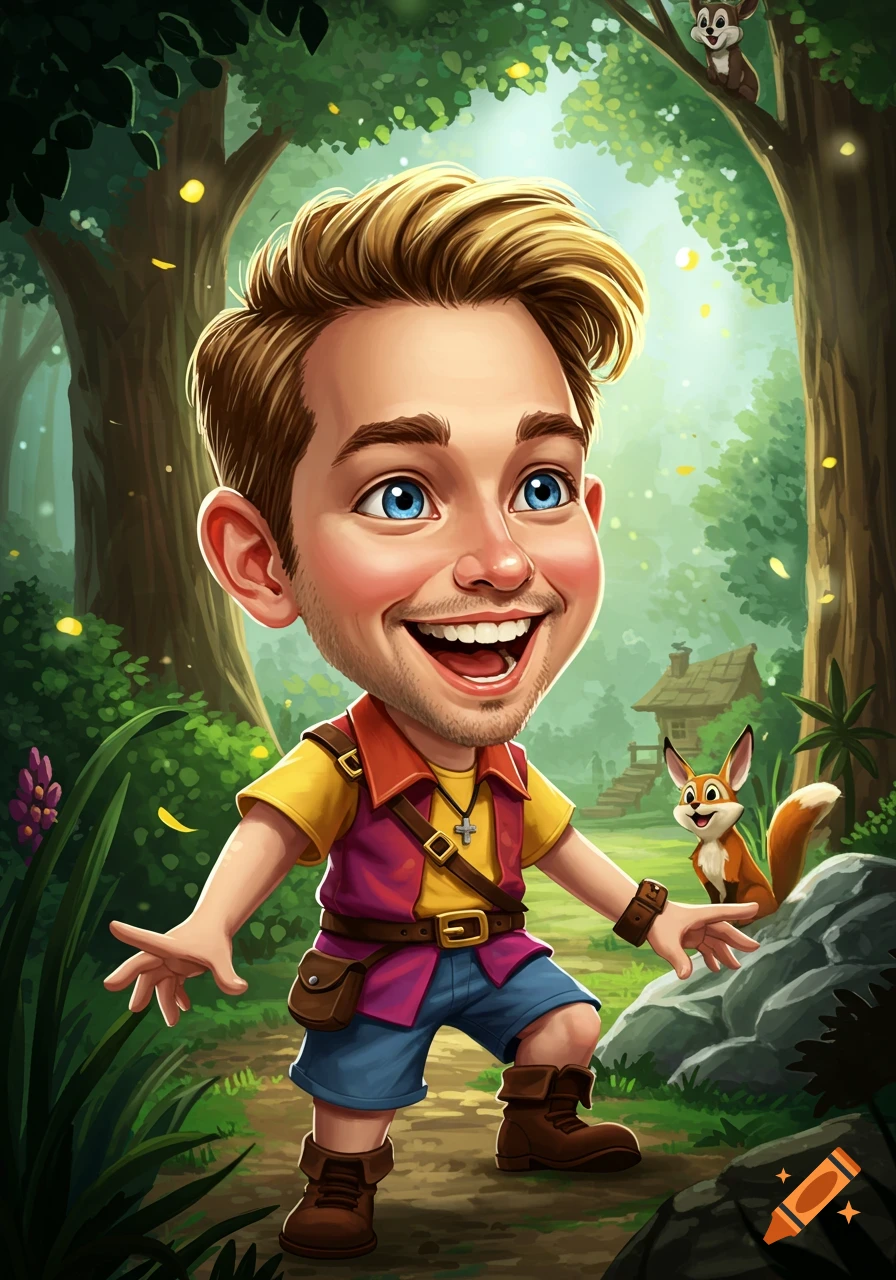 A smiling, big-headed cartoon man with blonde hair, wearing a vest and shorts, stands in a vibrant enchanted forest with a fox and squirrel.