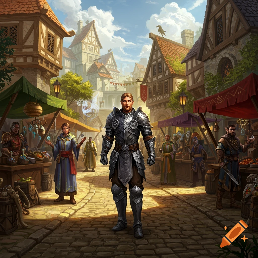 A knight in shining armor stands in a bustling medieval market with vendors and townspeople under a bright sky, fantasy art style.