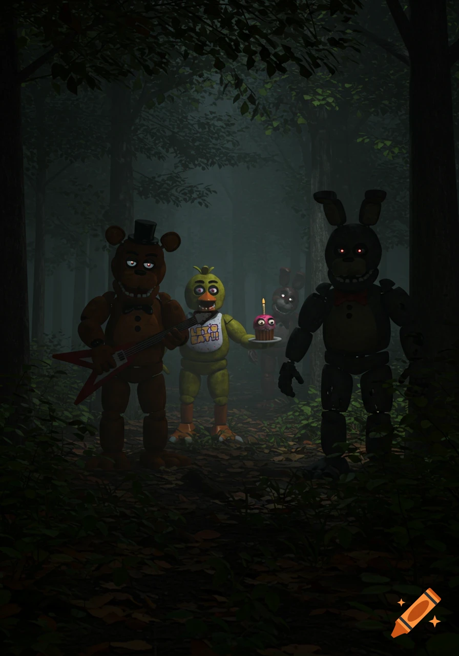Five Nights at Freddy's animatronics Freddy, Chica, and Bonnie stand in a dark, misty forest. Chica holds a cupcake.