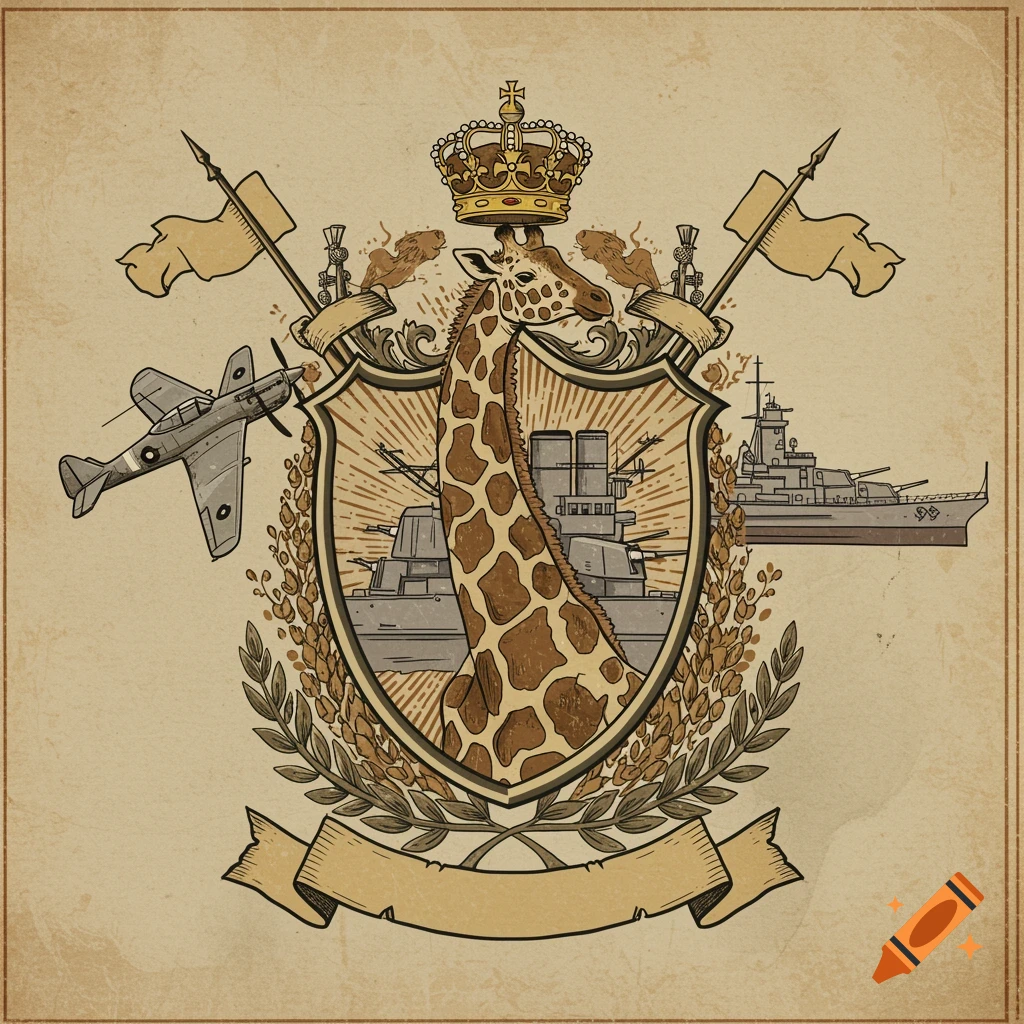 A vintage-style heraldic crest with a giraffe, a WWII-era plane, and battleships.