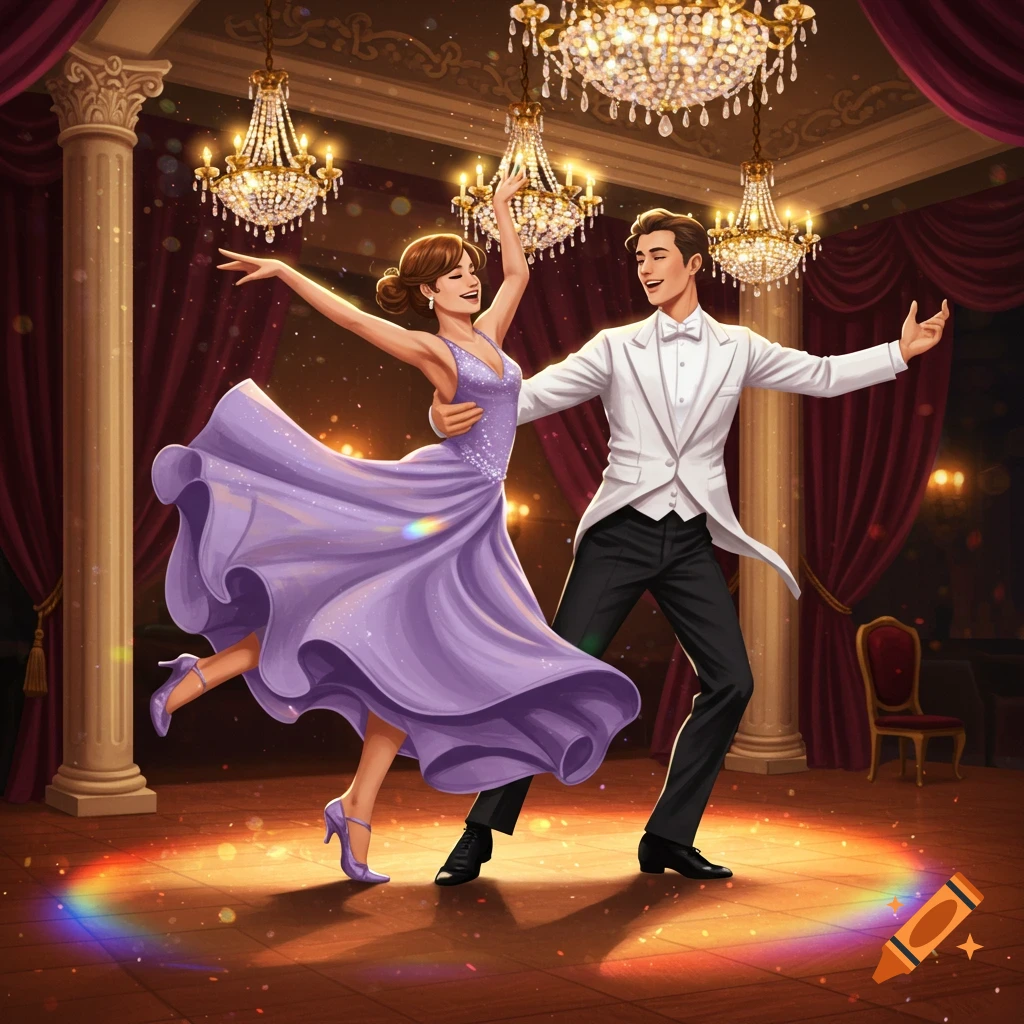 An illustrated image of a man and woman dancing gracefully in an elegant ballroom under sparkling chandeliers.