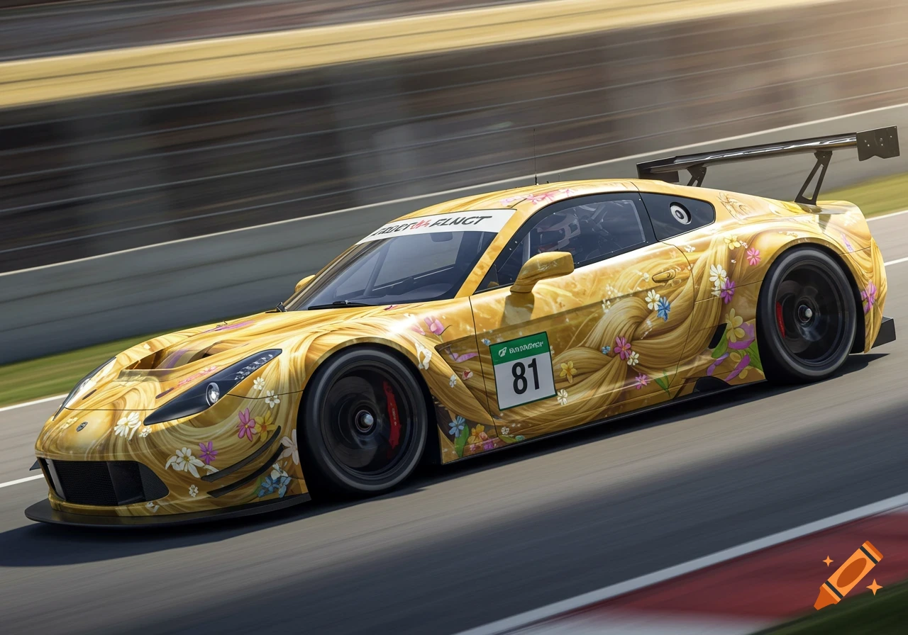 A gold race car with a Rapunzel-themed paint job featuring blonde braids and flowers, speeding on a track.