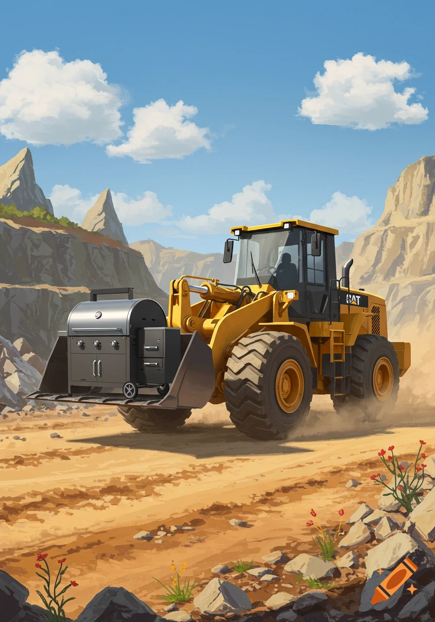 A yellow wheel loader carries a large silver grill in its front bucket, driving through a dusty quarry under a blue sky.