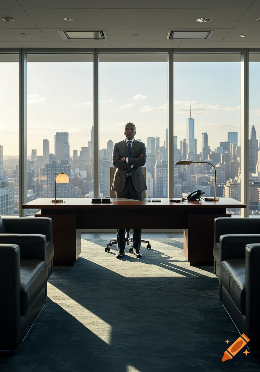 A man in a suit stands with arms crossed behind an office desk, overlooking a city skyline.