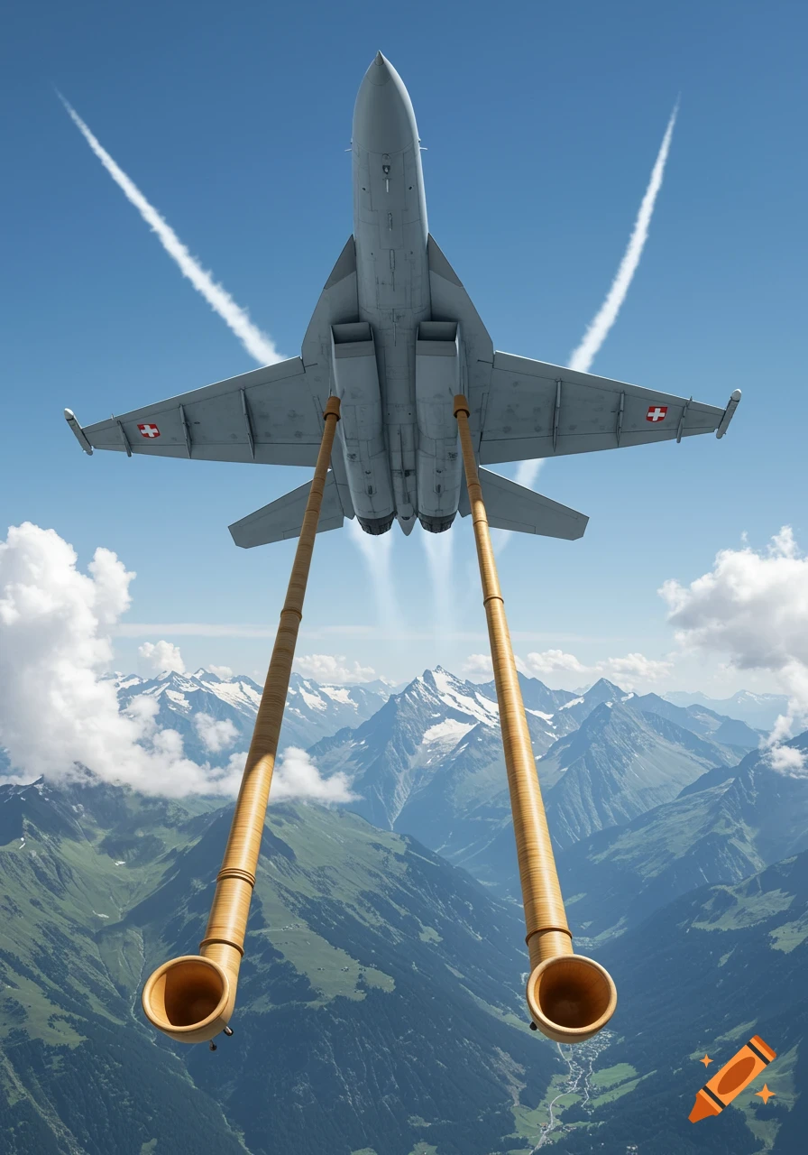 A grey fighter jet flies high above snowy mountains, with two large wooden alpenhorns attached below its wings.