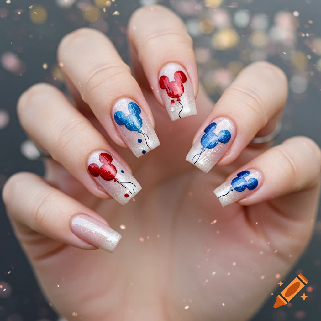 Close-up of a hand with nude base nail polish decorated with red and blue Mickey Mouse head balloons.