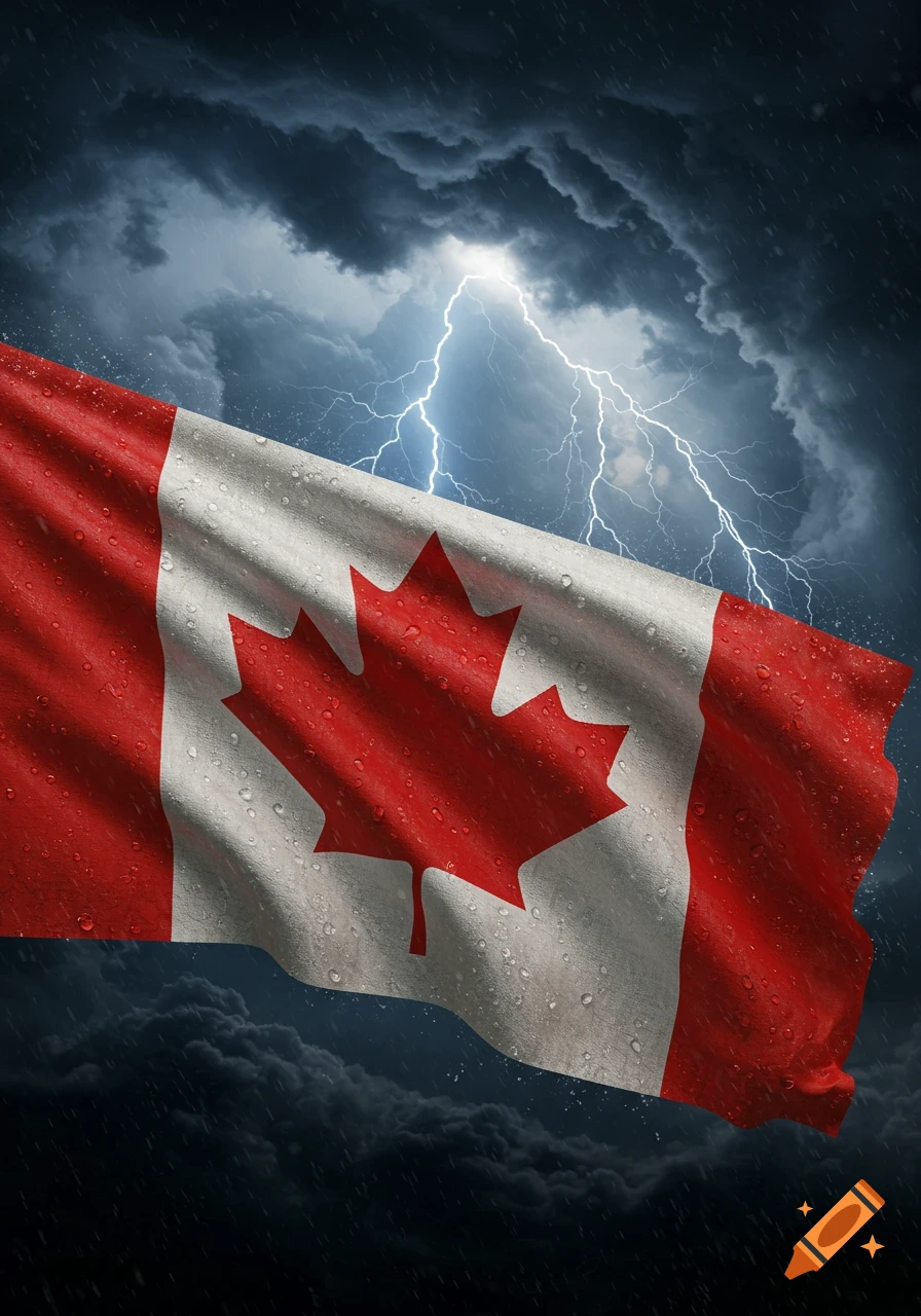 Canadian flag with water droplets waving under a dark stormy sky with lightning and rain.