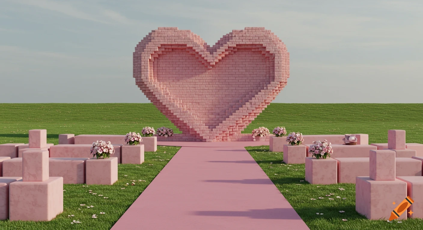 A pink brick heart sculpture stands in a grassy field with a pink path and pink block seating, resembling a minimalist outdoor wedding venue.
