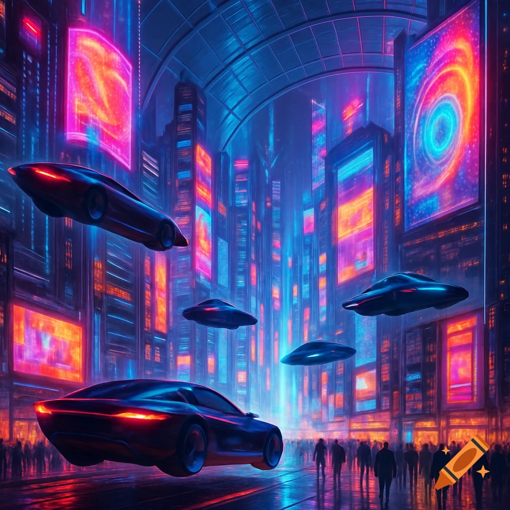 Vibrant neon-lit futuristic cityscape with flying cars and abstract holographic billboards, with pedestrians walking on the street below.