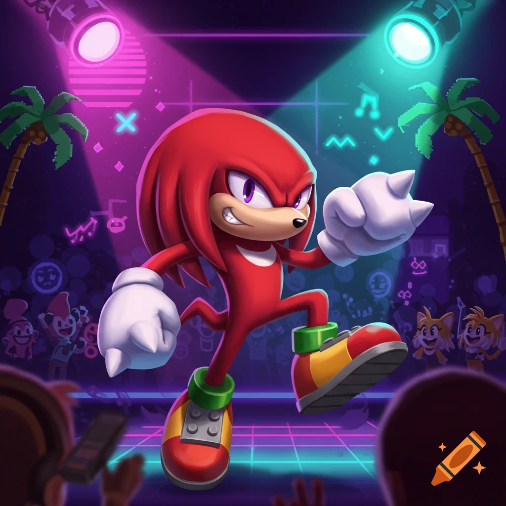 Red echidna Knuckles from Sonic dancing on a neon-lit stage with an audience.