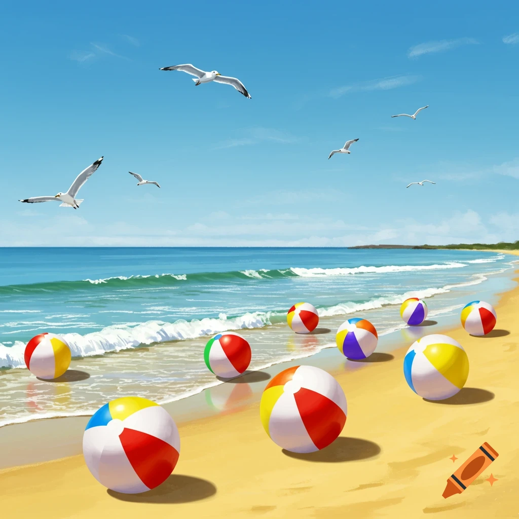 A beach scene with colorful beach balls on the sand and seagulls flying overhead above the ocean.