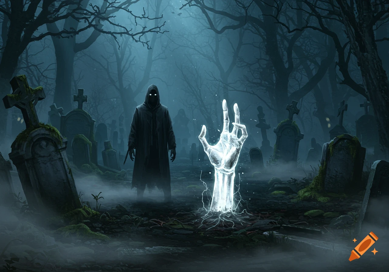 A mysterious hooded figure stands in a foggy, dark cemetery, looking at a glowing, ghostly hand rising from the ground.