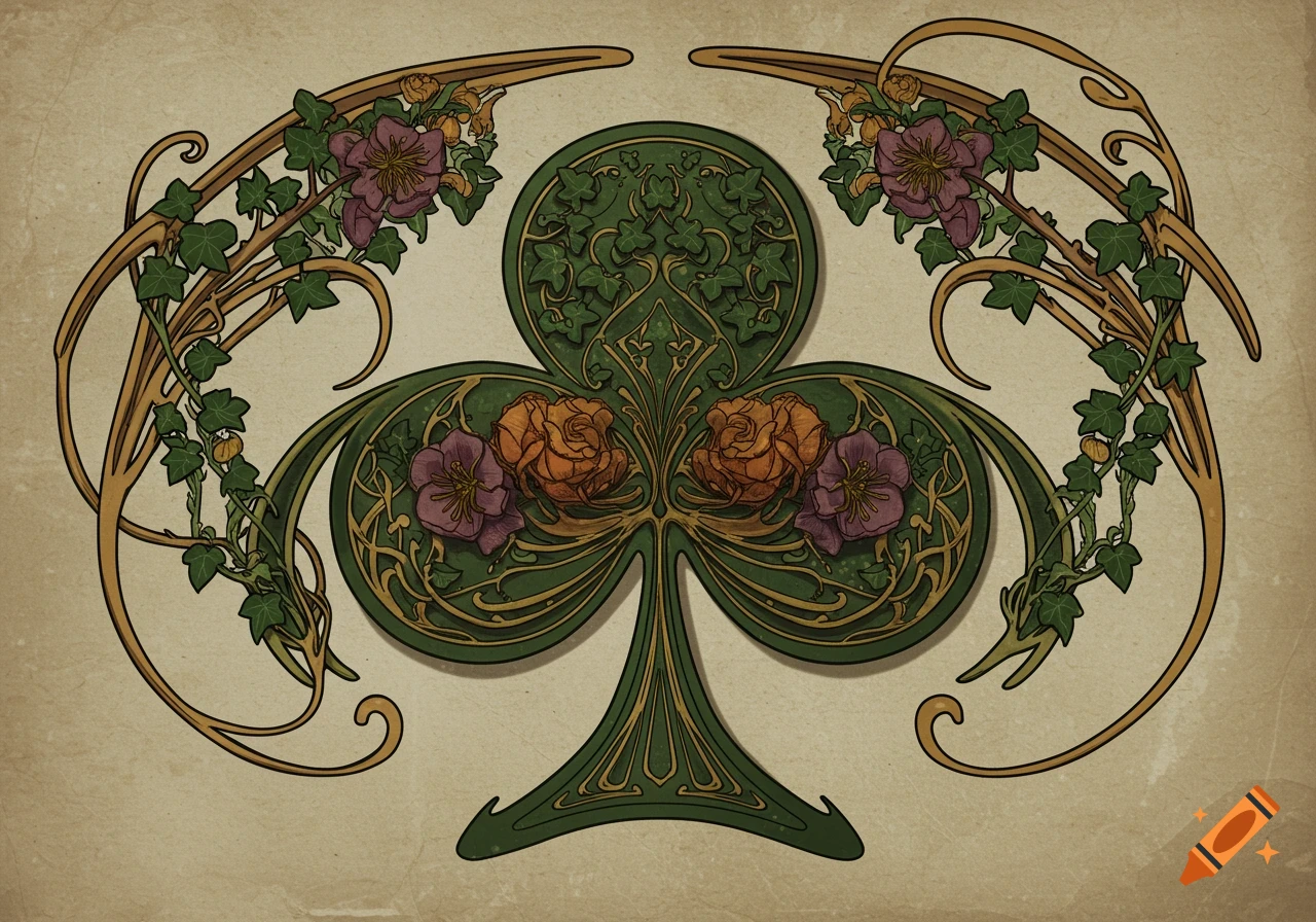 Art Nouveau illustration of a club playing card symbol adorned with flowers and vines on a textured background.