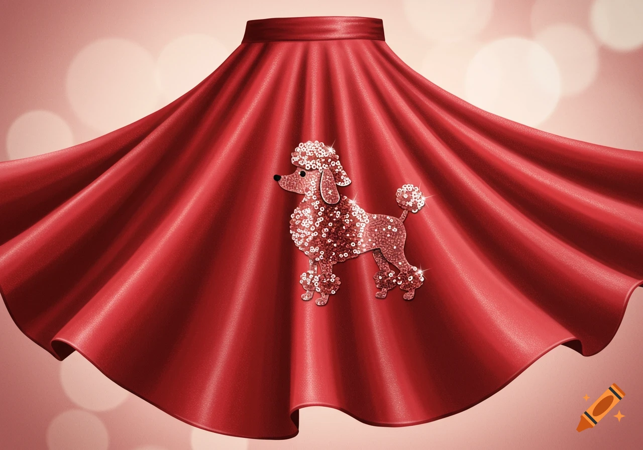A graphic illustration of a vibrant red poodle skirt with a sparkly sequined poodle appliqu é.