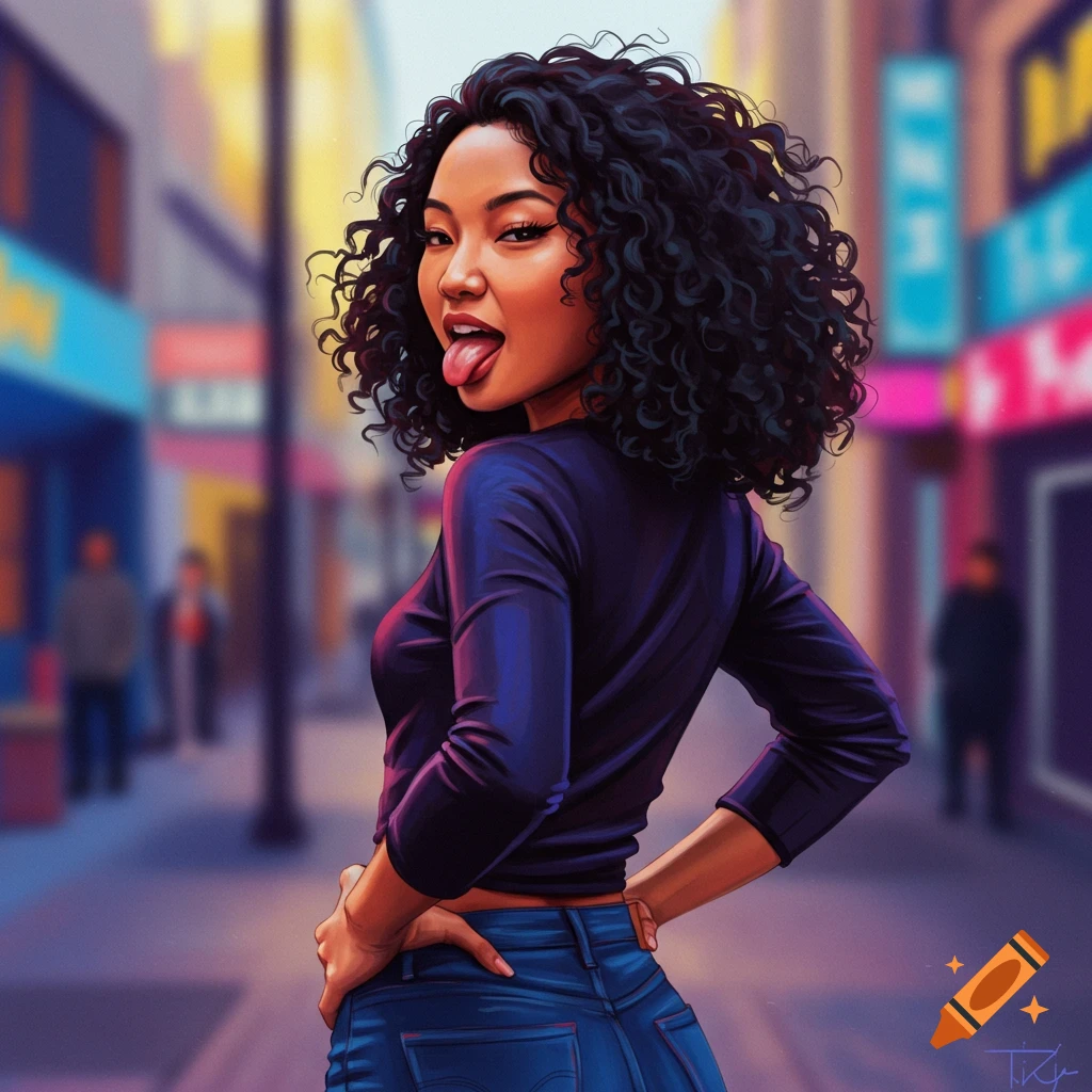 Digital illustration of a young Asian woman with curly black hair, hands on hips, sticking out her tongue on a vibrant city street.