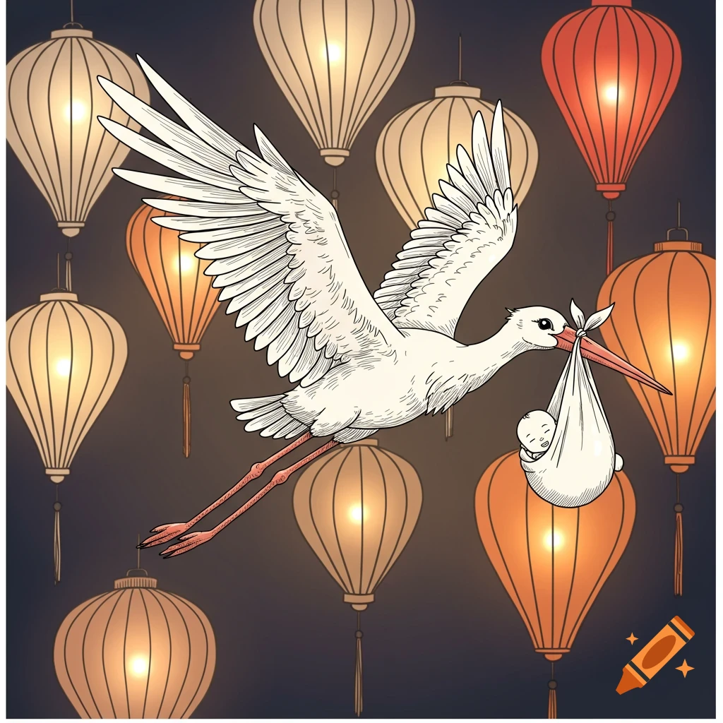 White stork flying, carrying a baby in a sack, against a background of glowing Vietnamese silk lanterns in an illustrated style.