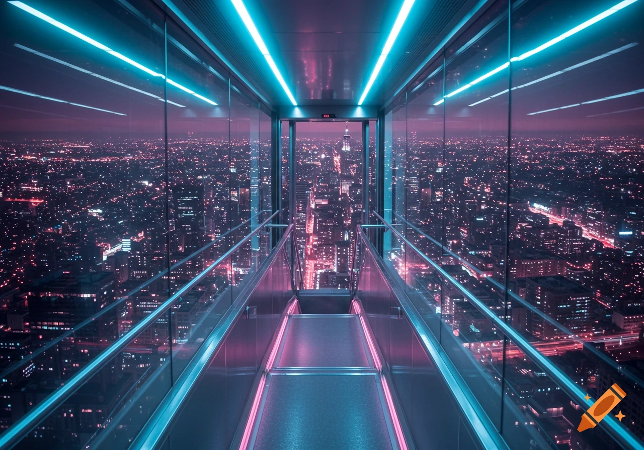 View from a futuristic glass elevator overlooking a vibrant, neon-lit cyberpunk cityscape at night.