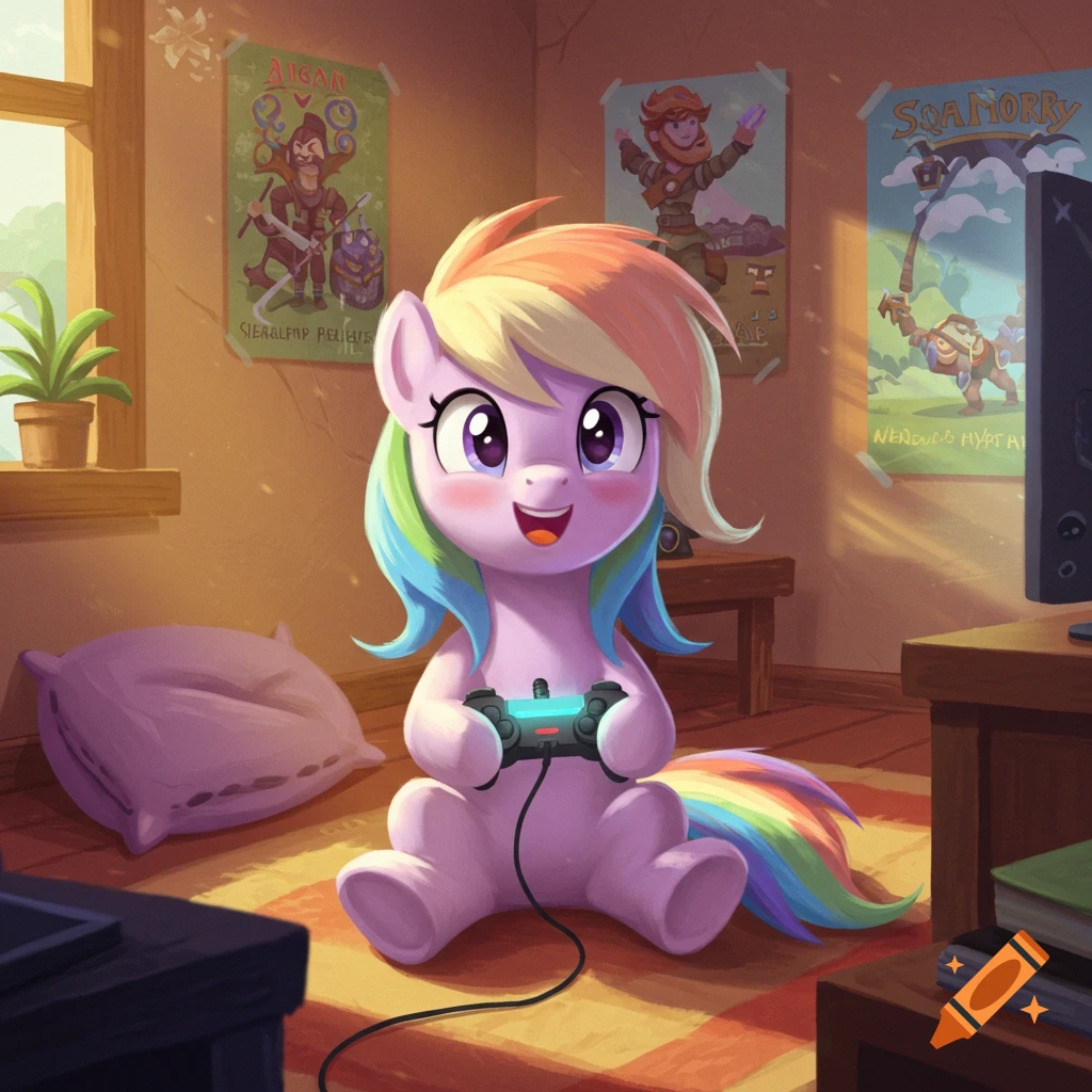 A cute cartoon pony with rainbow hair sits on the floor, smiling while playing a video game with a controller.
